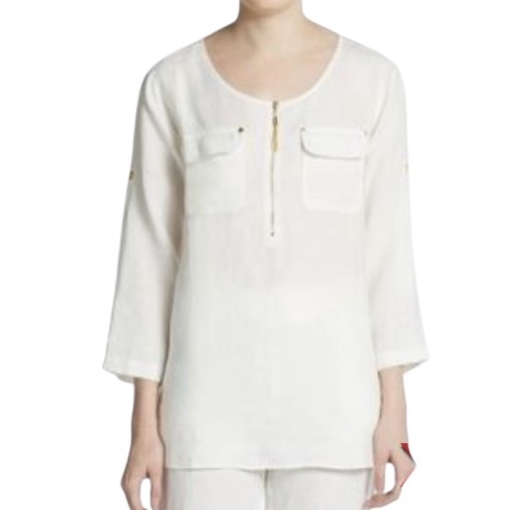 Company by Ellen Tracy Women's Linen Tunic Top 3/4 Sleeves Pleated White Large